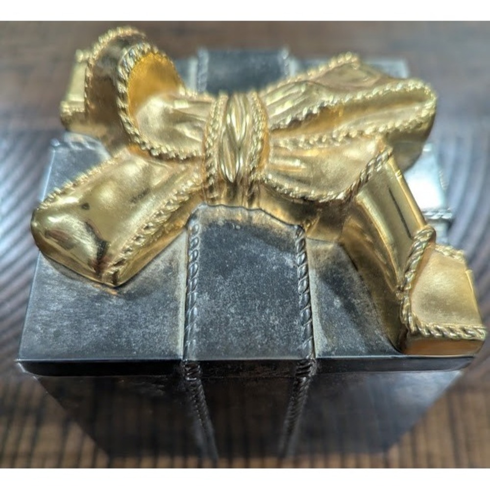 Vintage Godinger Silver Plated Wrapped Gift Box Jewelry Box Gold Bow 3x3"